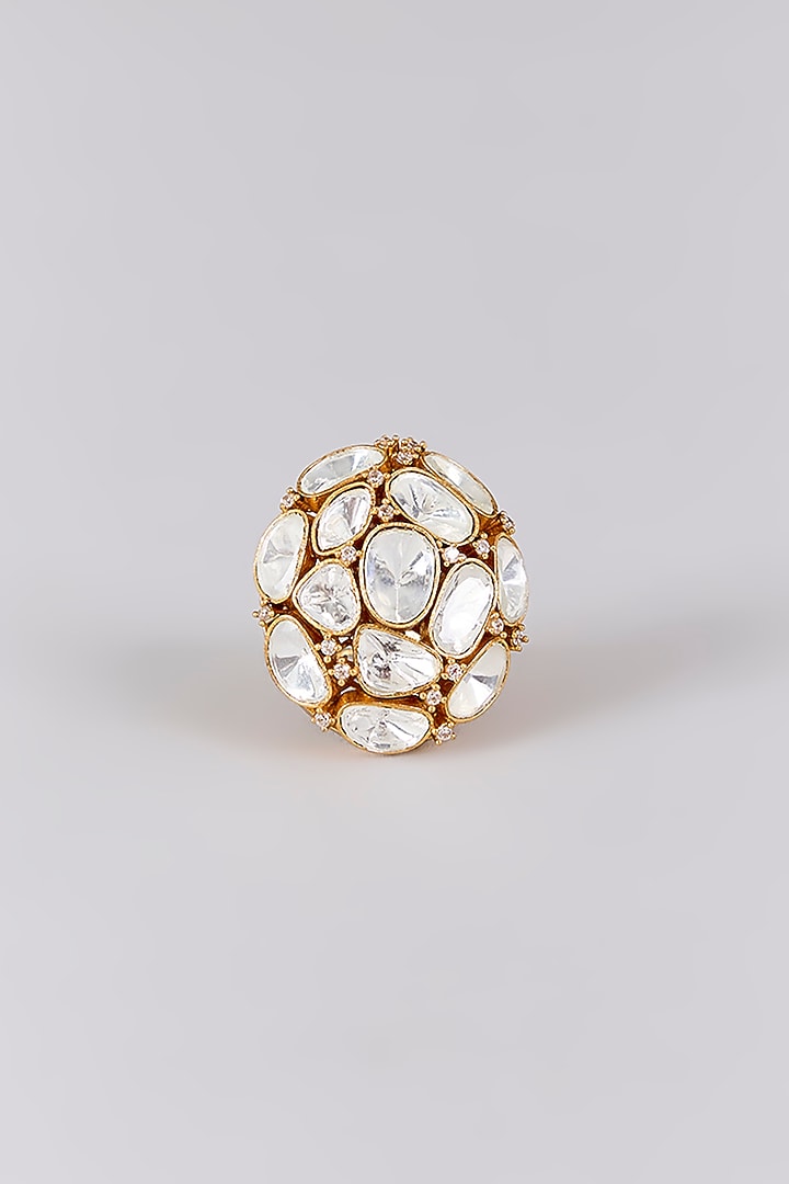 Antique Gold Finish Kundan Polki & Pearl Ring by Preeti Mohan at Pernia's Pop Up Shop