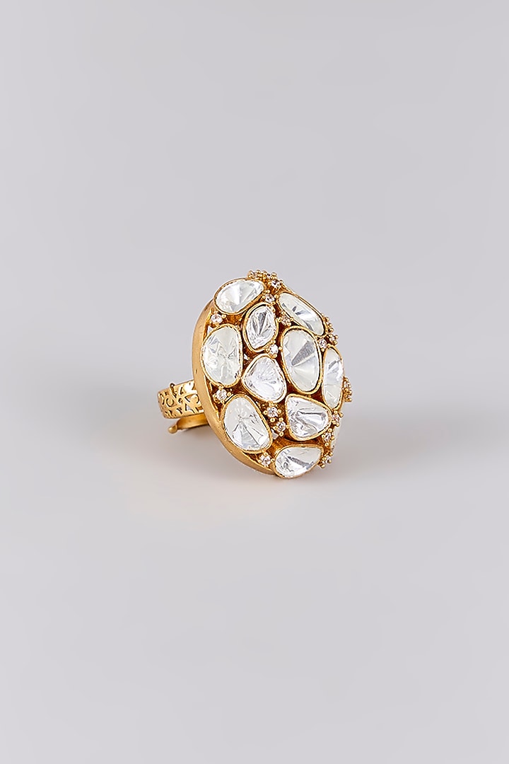 Antique Gold Finish Kundan Polki & Pearl Ring by Preeti Mohan at Pernia's Pop Up Shop