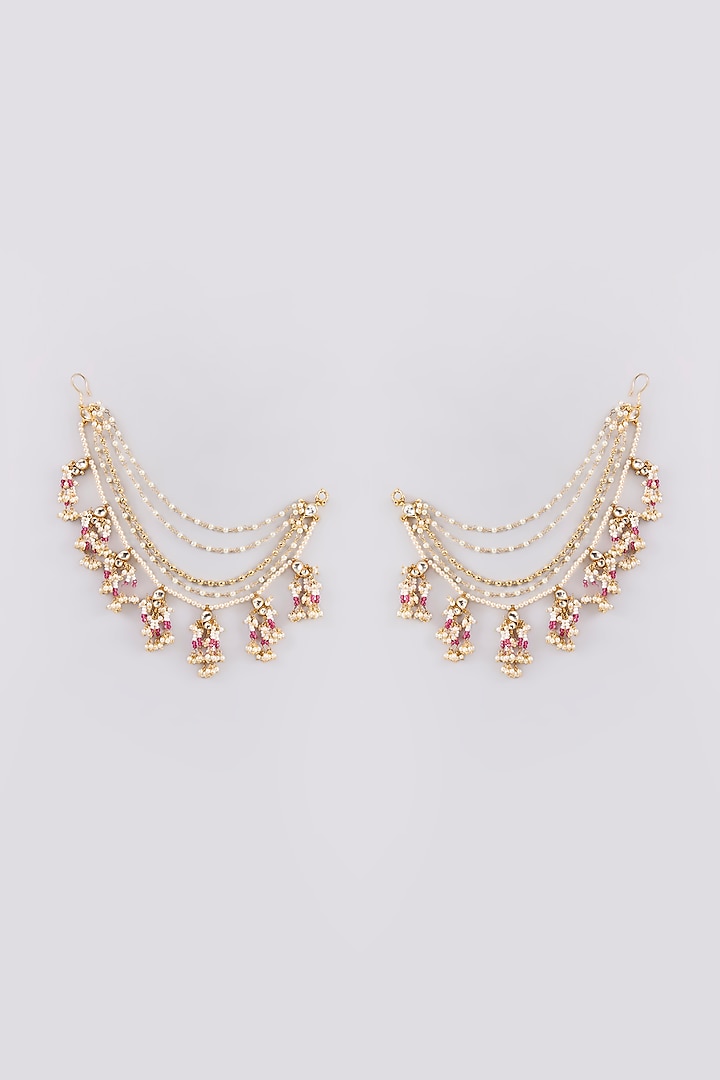 Gold Finish Kundan Polki & Pearl Ear Chain Dangler Earrings by Preeti Mohan at Pernia's Pop Up Shop