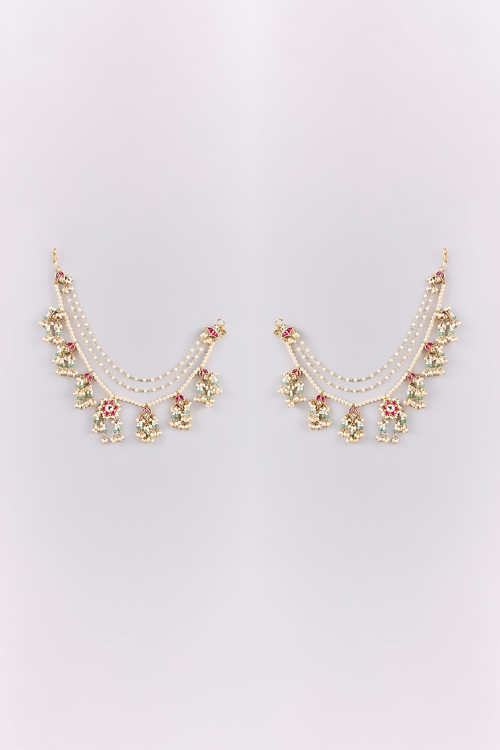 Gold Finish Kundan Polki & Pearl Ear Chain Dangler Earrings by Preeti Mohan at Pernia's Pop Up Shop