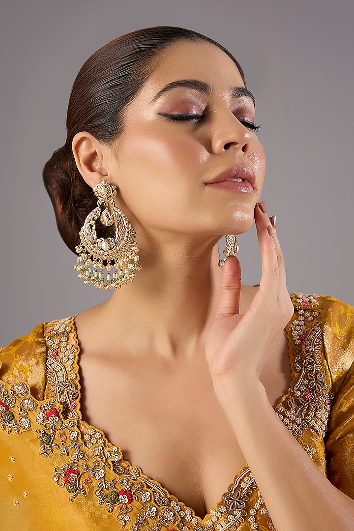 Antique Gold Finish Kundan Polki & Pearl Dangler Earrings by Preeti Mohan at Pernia's Pop Up Shop