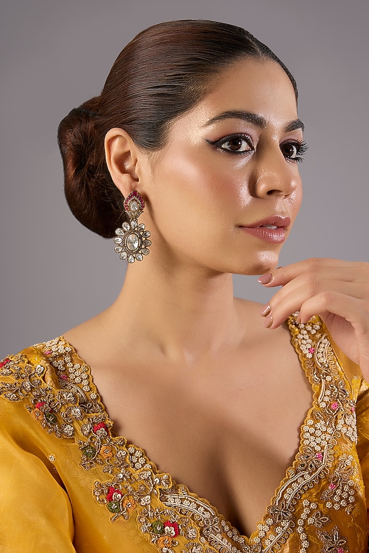 Antique Gold Finish Kundan Polki & Pearl Dangler Earrings by Preeti Mohan at Pernia's Pop Up Shop