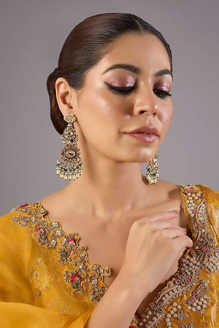Antique Gold Finish Kundan Polki & Pearl Dangler Earrings by Preeti Mohan at Pernia's Pop Up Shop