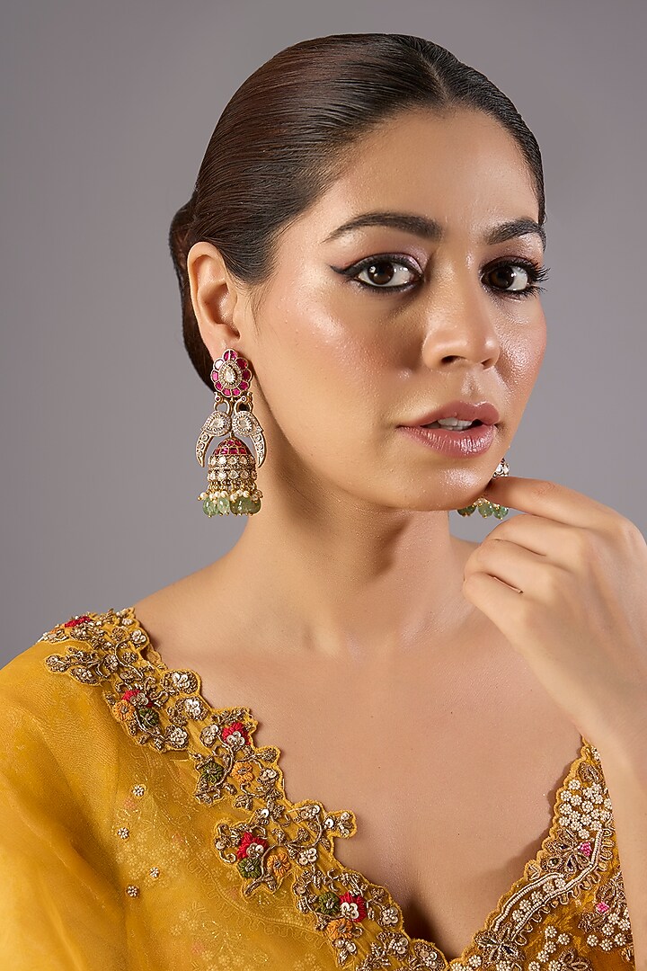 Antique Gold Finish Kundan Polki & Pearl Dangler Earrings by Preeti Mohan at Pernia's Pop Up Shop