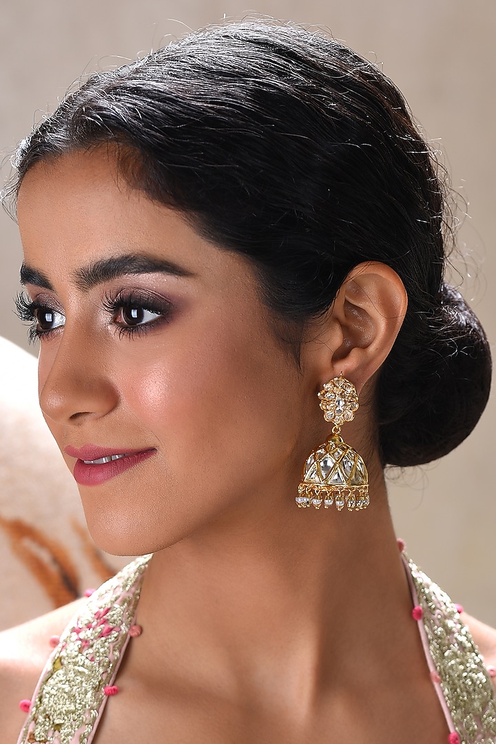 Gold Plated White Pearl Jhumka Earrings by Preeti Mohan at Pernia's Pop Up Shop