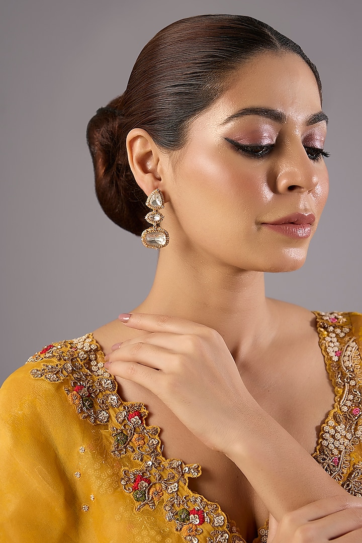 Antique Gold Finish Kundan Polki & Pearl Dangler Earrings by Preeti Mohan at Pernia's Pop Up Shop