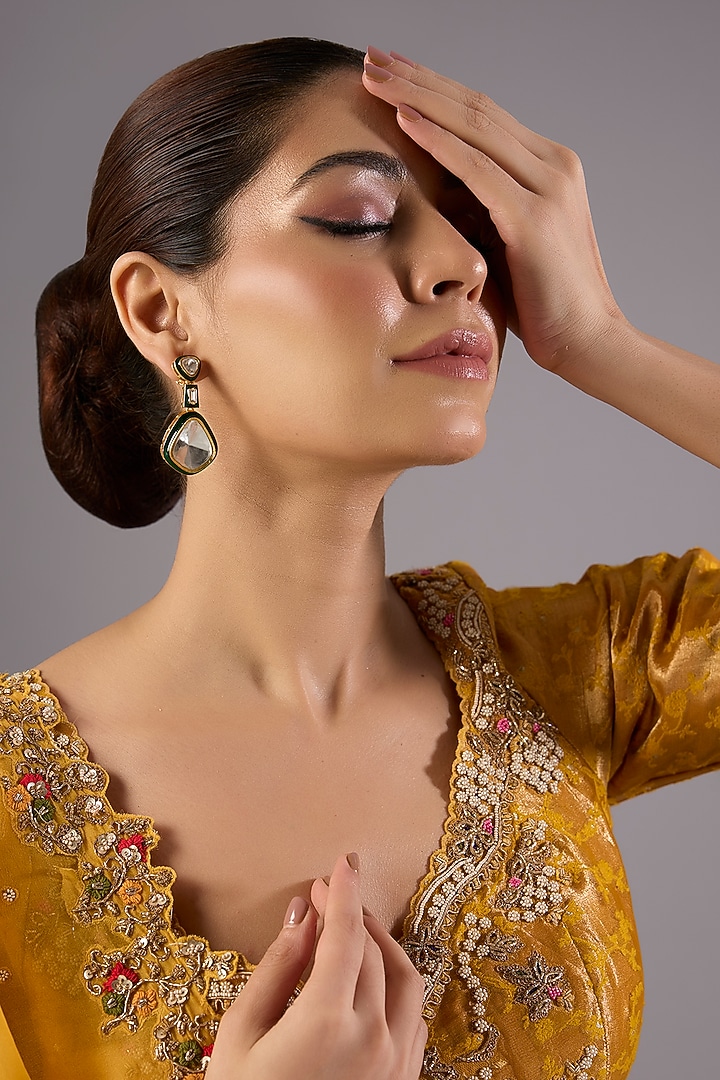 Antique Gold Finish Kundan Polki & Pearl Dangler Earrings by Preeti Mohan at Pernia's Pop Up Shop
