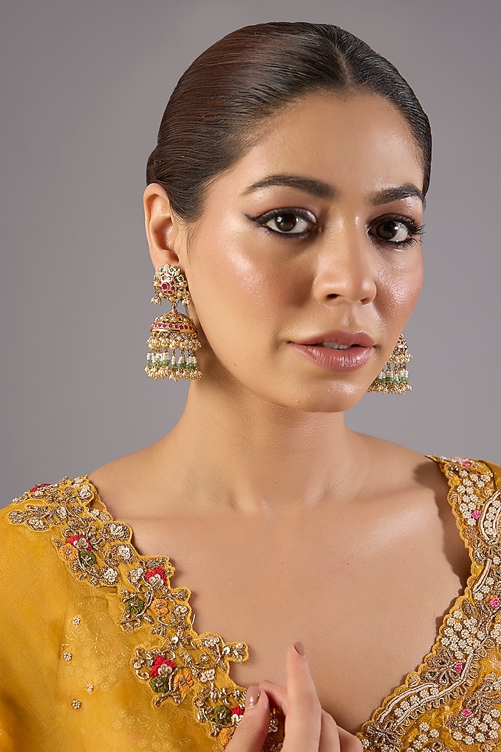 Antique Gold Finish Kundan Polki & Pearl Dangler Earrings by Preeti Mohan at Pernia's Pop Up Shop