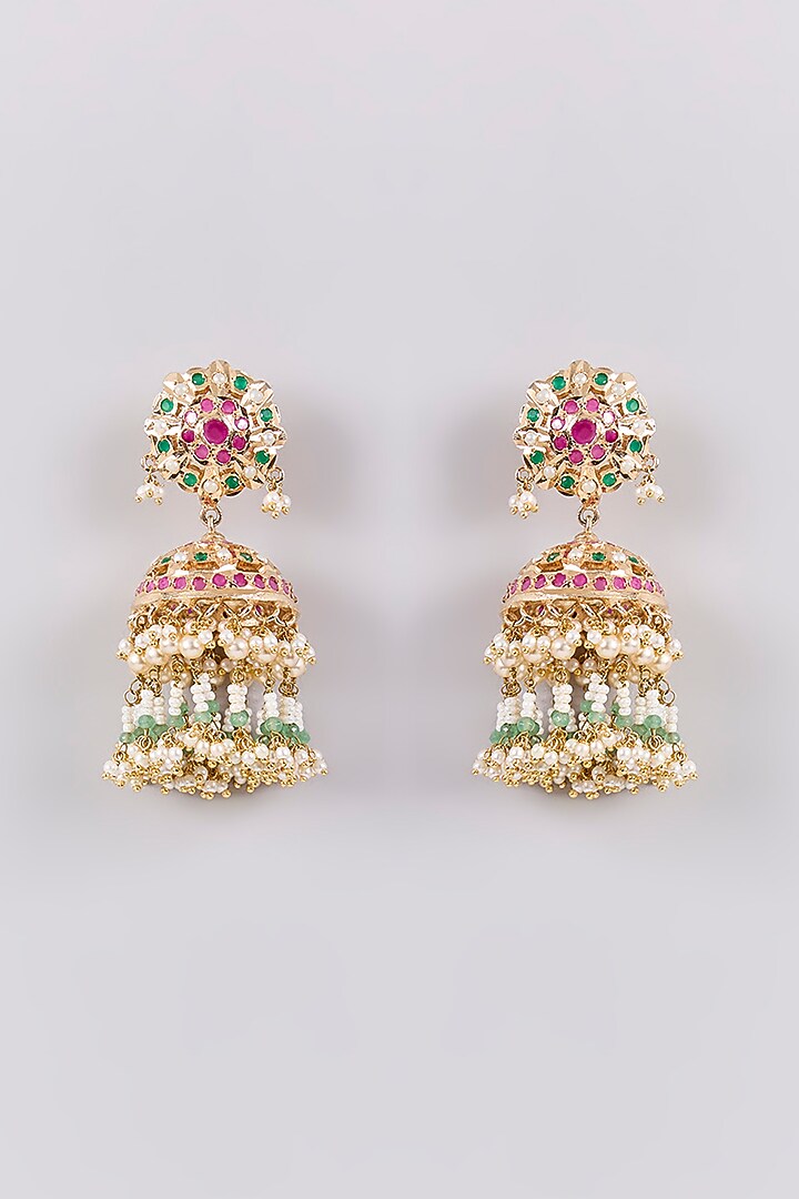 Antique Gold Finish Kundan Polki & Pearl Dangler Earrings by Preeti Mohan at Pernia's Pop Up Shop