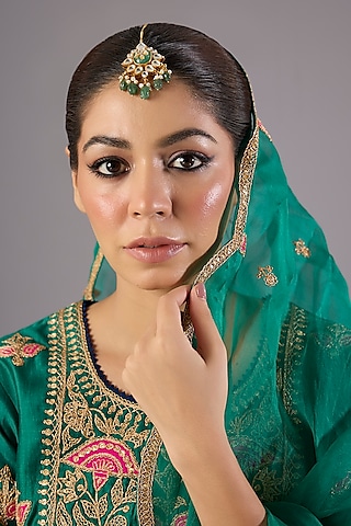 Antique Gold Finish Kundan Polki & Pearl Maangtikka by Preeti Mohan