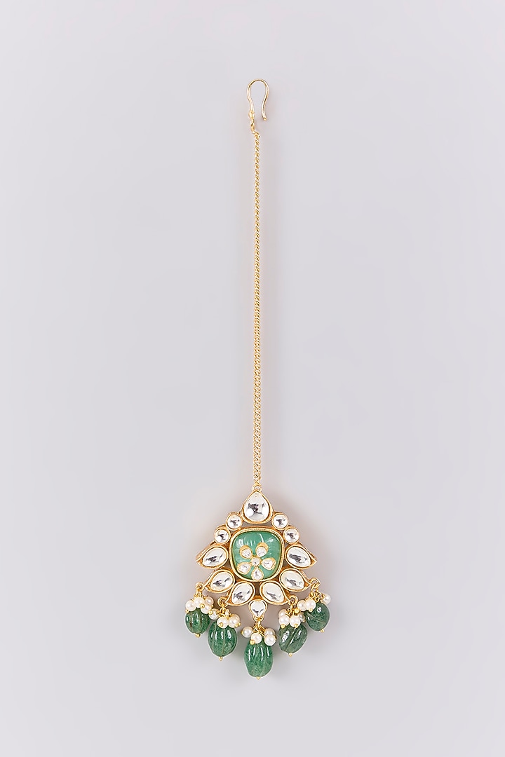 Antique Gold Finish Kundan Polki & Pearl Maangtikka by Preeti Mohan at Pernia's Pop Up Shop