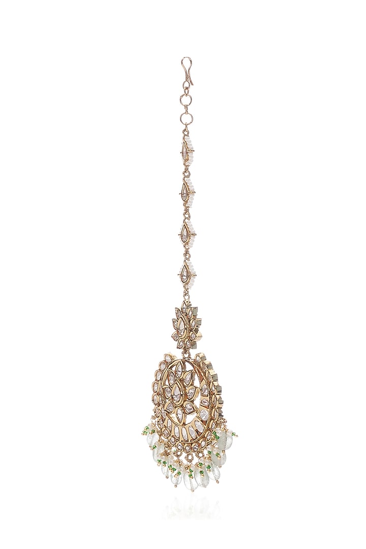Gold Plated Green Onyx & Pearl Maangtikka by Preeti Mohan at Pernia's Pop Up Shop