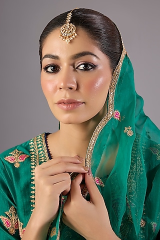 Antique Gold Finish Kundan Polki & Pearl Maangtikka by Preeti Mohan