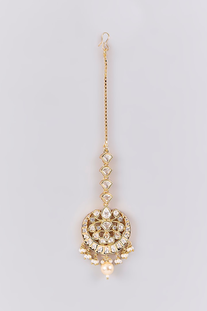 Antique Gold Finish Kundan Polki & Pearl Maangtikka by Preeti Mohan at Pernia's Pop Up Shop