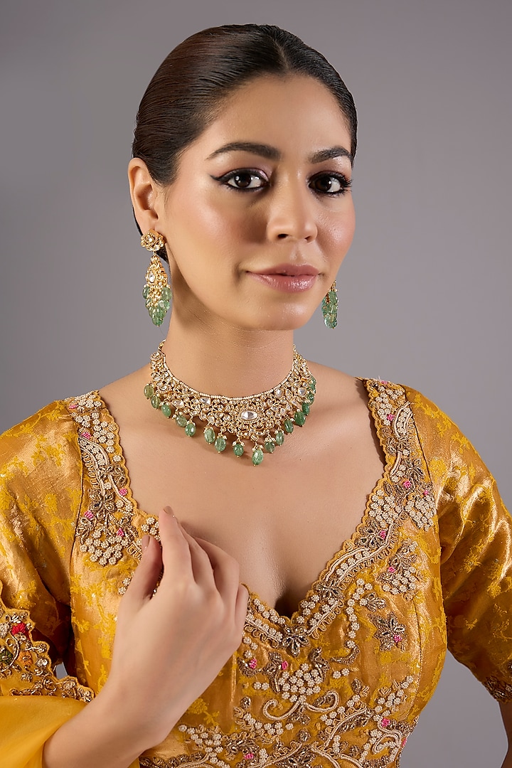 Antique Gold Finish Kundan Polki & Pearl Necklace Set by Preeti Mohan at Pernia's Pop Up Shop