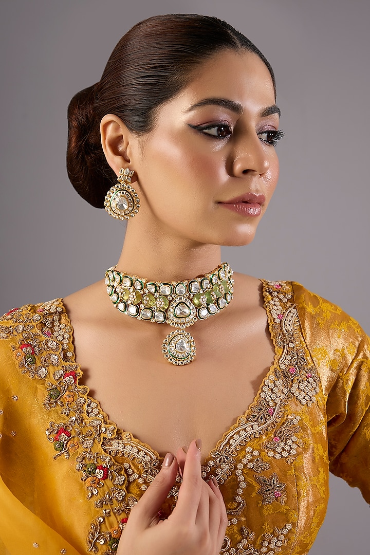Antique Gold Finish Kundan Polki & Pearl Necklace Set by Preeti Mohan at Pernia's Pop Up Shop