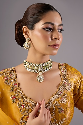 Antique Gold Finish Kundan Polki & Pearl Necklace Set by Preeti Mohan