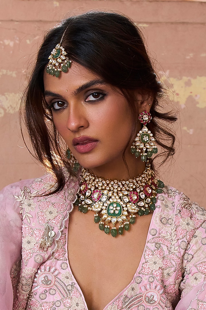 Gold Plated Green Onyx & Pearl Necklace Set by Preeti Mohan at Pernia's Pop Up Shop
