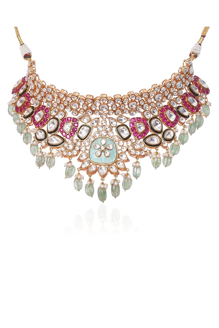 Gold Plated Green Onyx & Pearl Necklace Set by Preeti Mohan at Pernia's Pop Up Shop