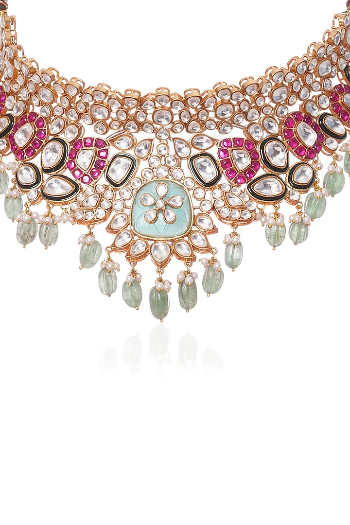 Gold Plated Green Onyx & Pearl Necklace Set by Preeti Mohan at Pernia's Pop Up Shop