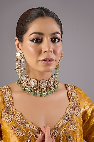 Antique Gold Finish Kundan Polki & Pearl Necklace Set by Preeti Mohan