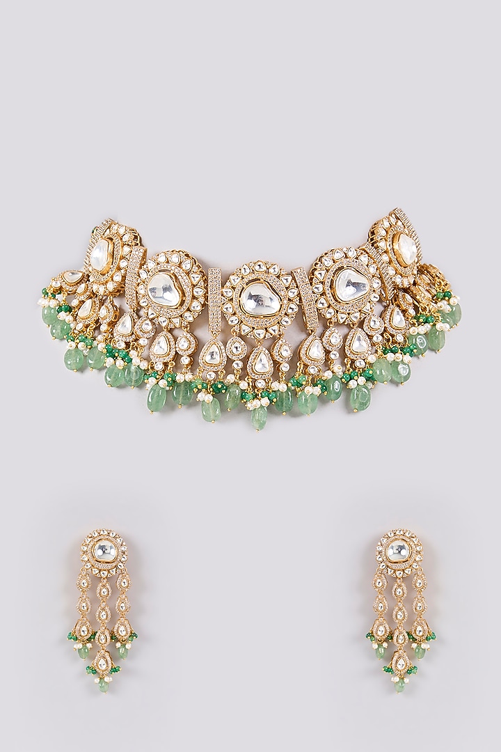 Antique Gold Finish Kundan Polki & Pearl Necklace Set by Preeti Mohan at Pernia's Pop Up Shop