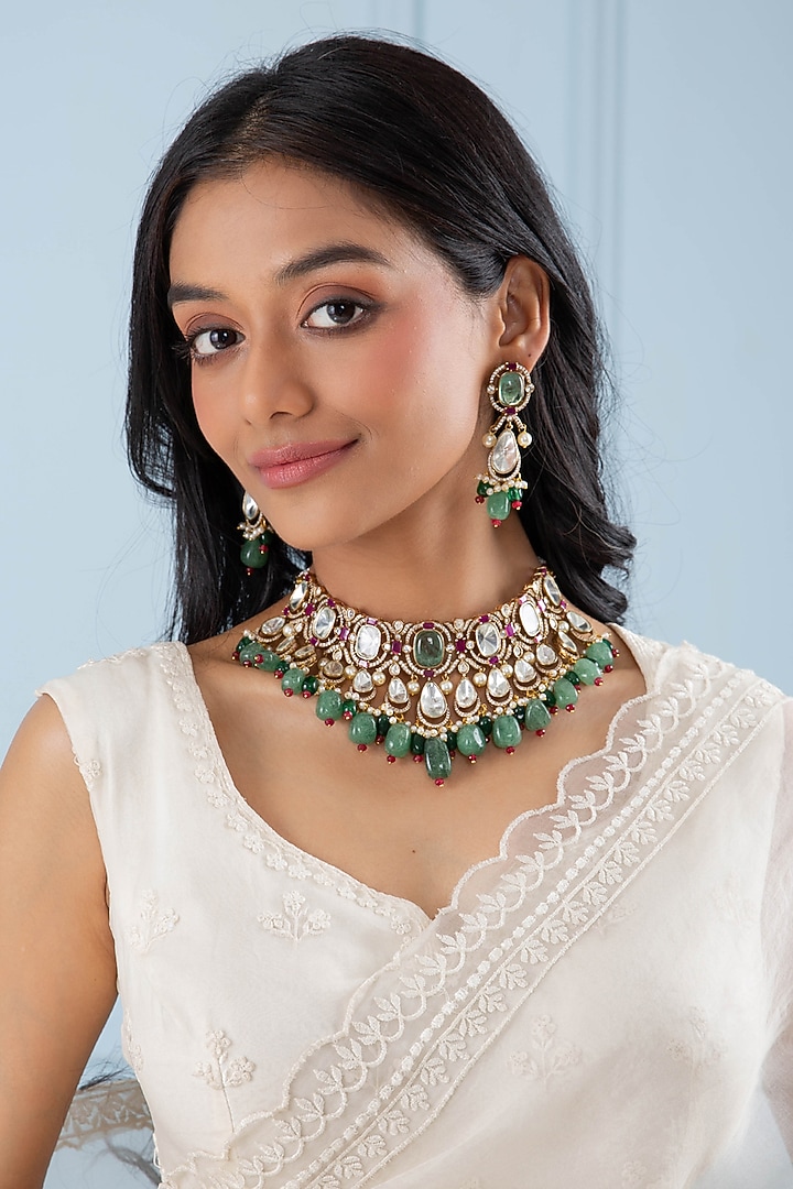 Gold Plated Green Onyx & Pearl Necklace Set by Preeti Mohan at Pernia's Pop Up Shop