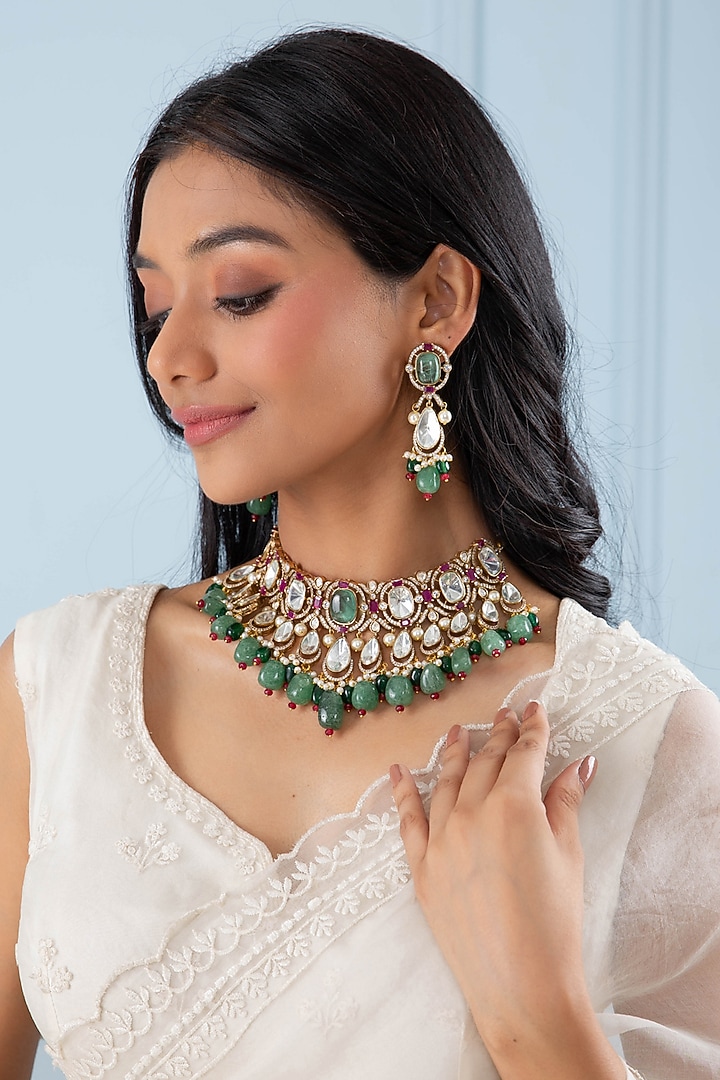 Gold Plated Green Onyx & Pearl Necklace Set by Preeti Mohan at Pernia's Pop Up Shop