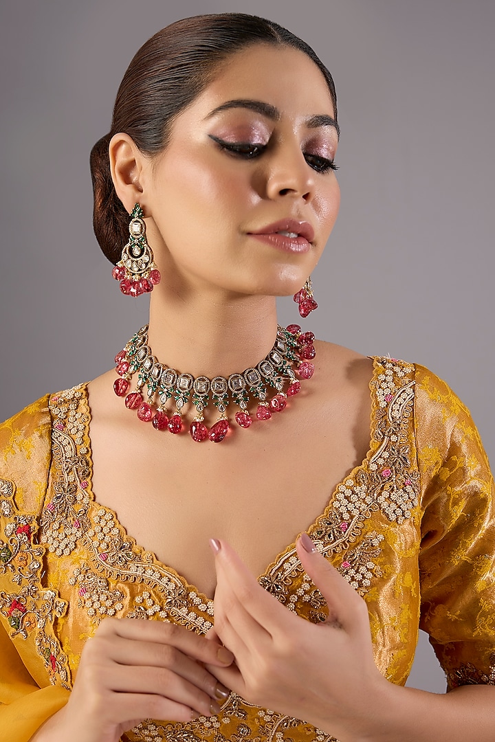 Antique Gold Finish Kundan Polki & Pearl Necklace Set by Preeti Mohan at Pernia's Pop Up Shop