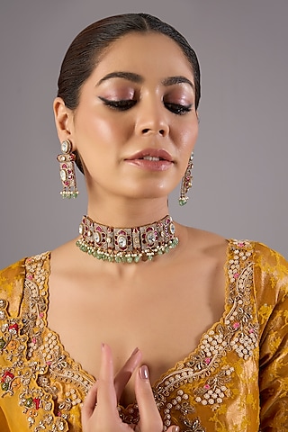 Antique Gold Finish Kundan Polki & Pearl Necklace Set by Preeti Mohan