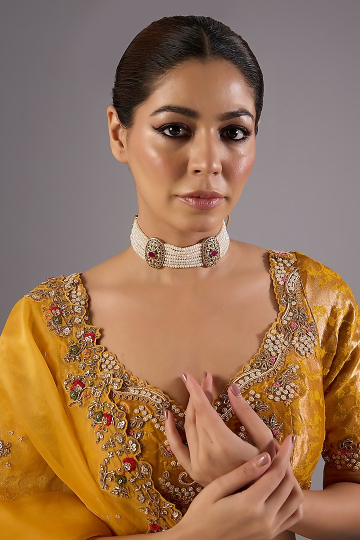 Antique Gold Finish Kundan Polki & Pearl Necklace by Preeti Mohan at Pernia's Pop Up Shop