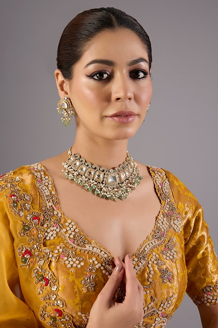Antique Gold Finish Kundan Polki & Pearl Necklace Set by Preeti Mohan at Pernia's Pop Up Shop