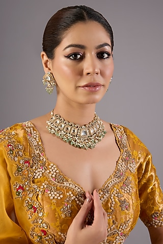 Antique Gold Finish Kundan Polki & Pearl Necklace Set by Preeti Mohan