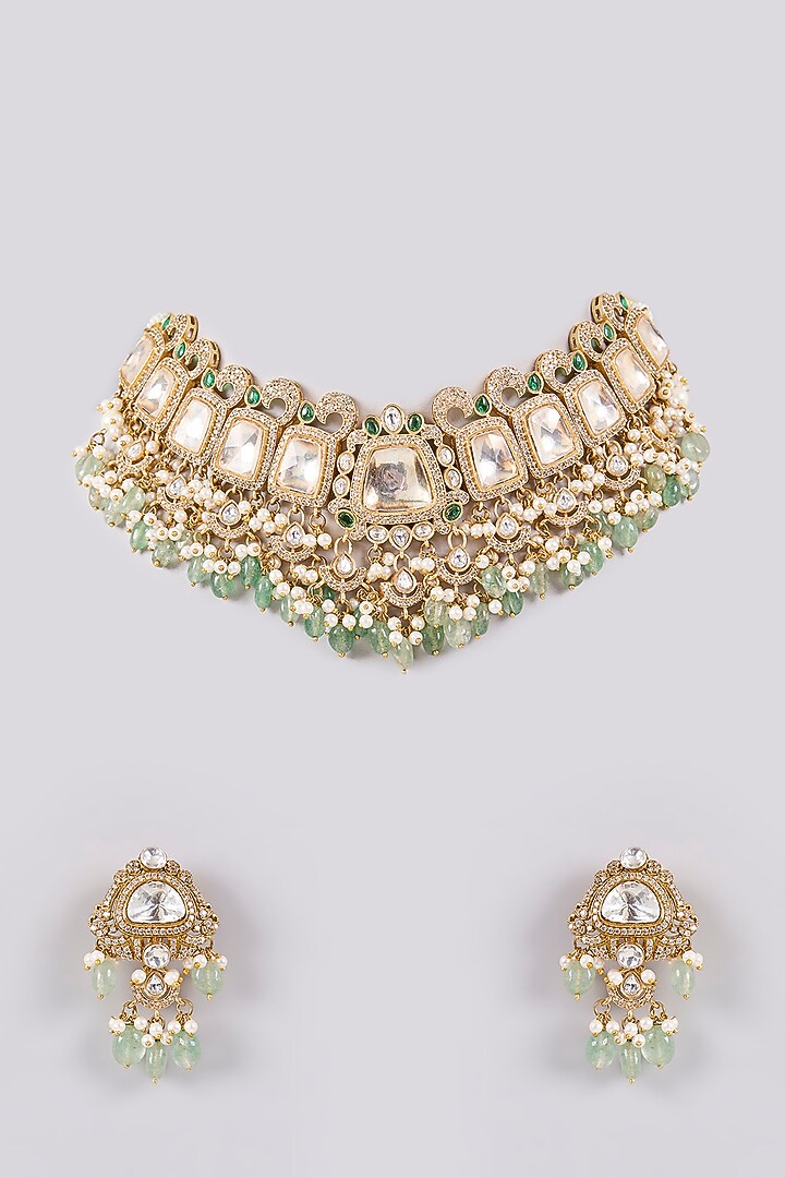 Antique Gold Finish Kundan Polki & Pearl Necklace Set by Preeti Mohan at Pernia's Pop Up Shop