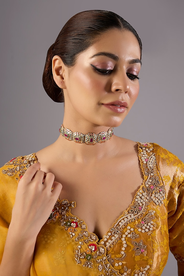 Antique Gold Finish Kundan Polki & Pearl Necklace by Preeti Mohan at Pernia's Pop Up Shop