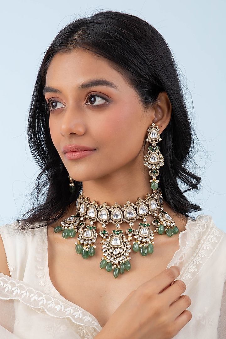 Gold Plated Green Onyx & Pearl Necklace Set by Preeti Mohan at Pernia's Pop Up Shop
