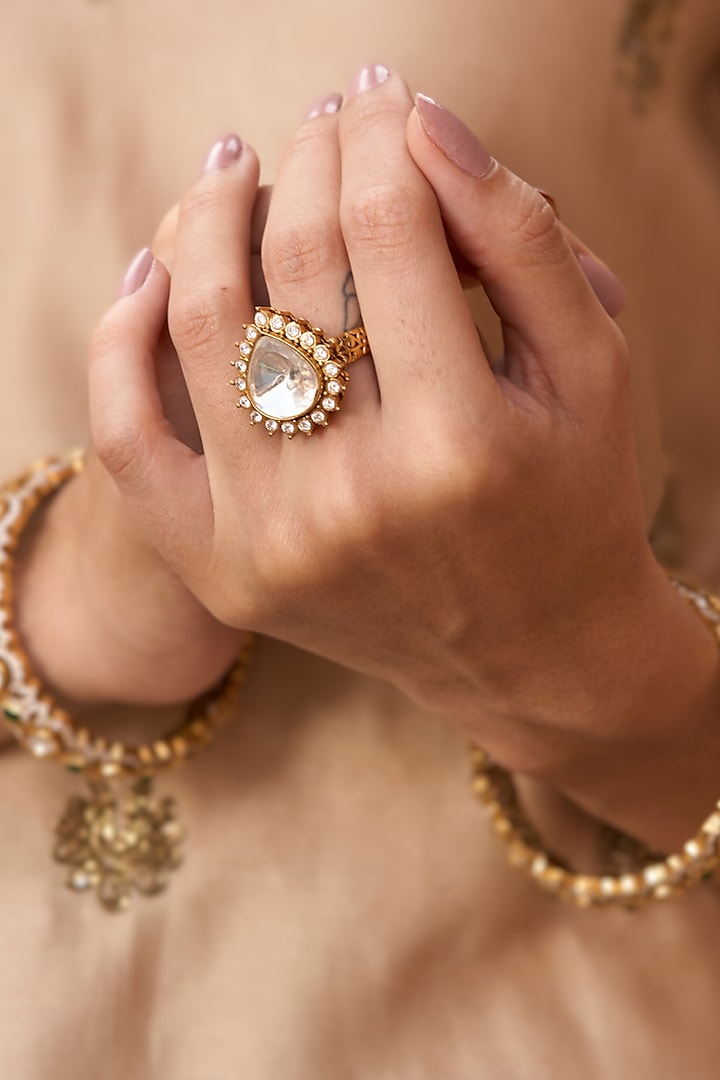 Gold Plated White Stone Ring by Preeti Mohan at Pernia's Pop Up Shop