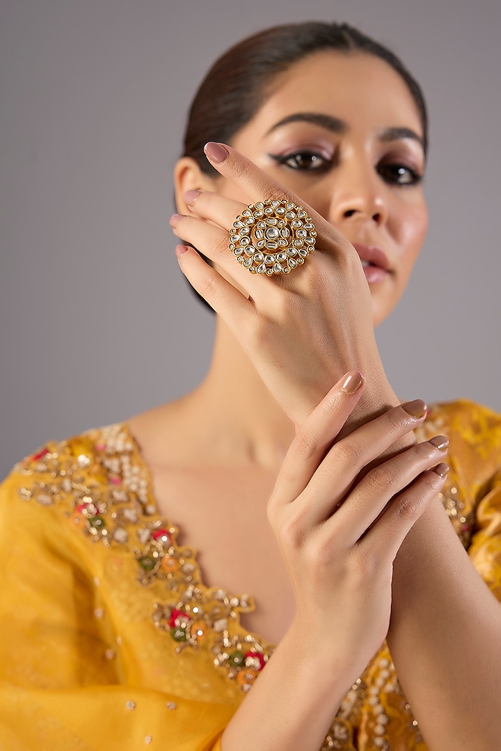 Antique Gold Finish Kundan Polki & Pearl Ring by Preeti Mohan at Pernia's Pop Up Shop