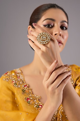 Antique Gold Finish Kundan Polki & Pearl Ring by Preeti Mohan