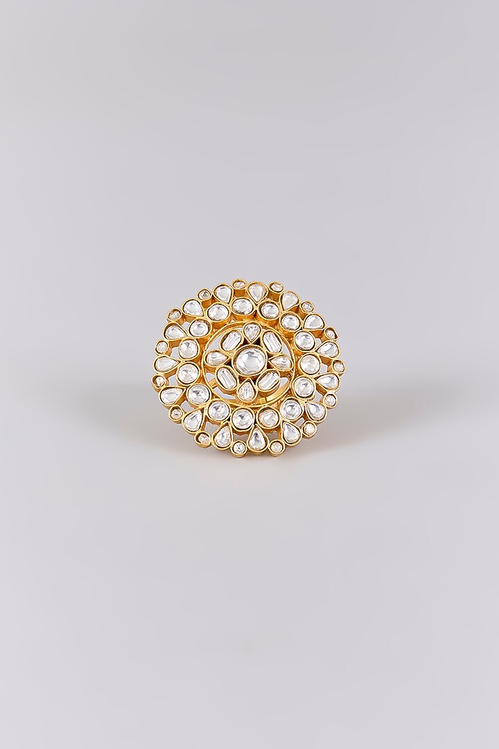 Antique Gold Finish Kundan Polki & Pearl Ring by Preeti Mohan at Pernia's Pop Up Shop