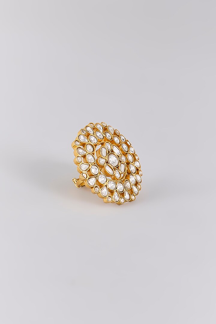 Antique Gold Finish Kundan Polki & Pearl Ring by Preeti Mohan at Pernia's Pop Up Shop