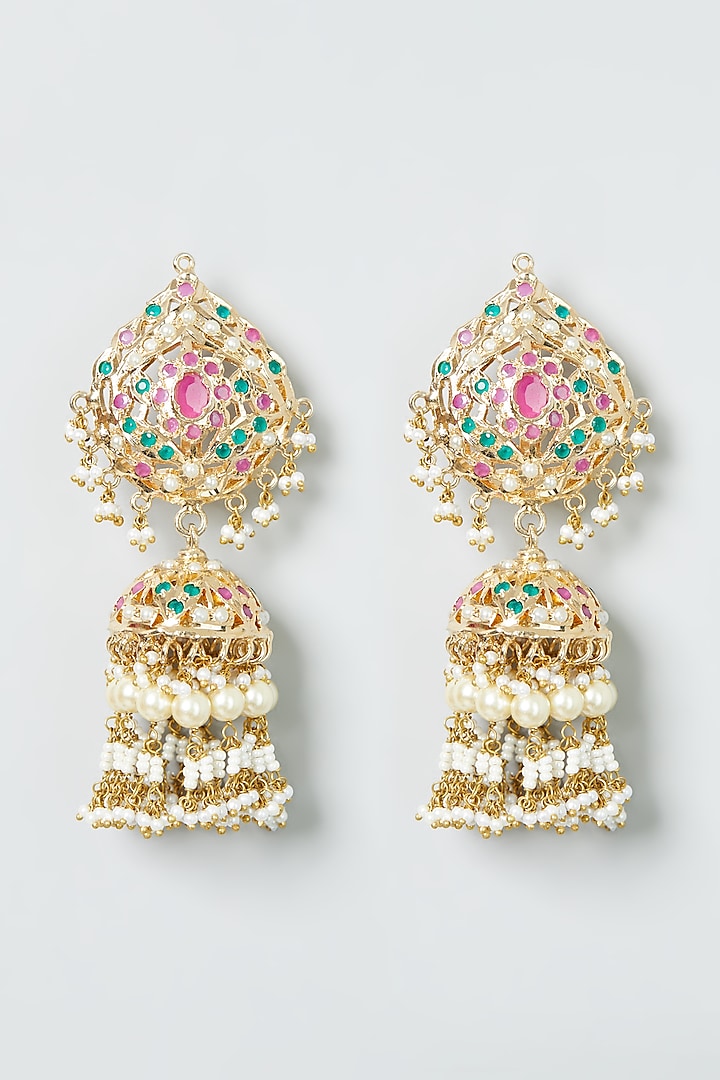 Gold Finish Jhumka Earrings by Preeti Mohan at Pernia's Pop Up Shop