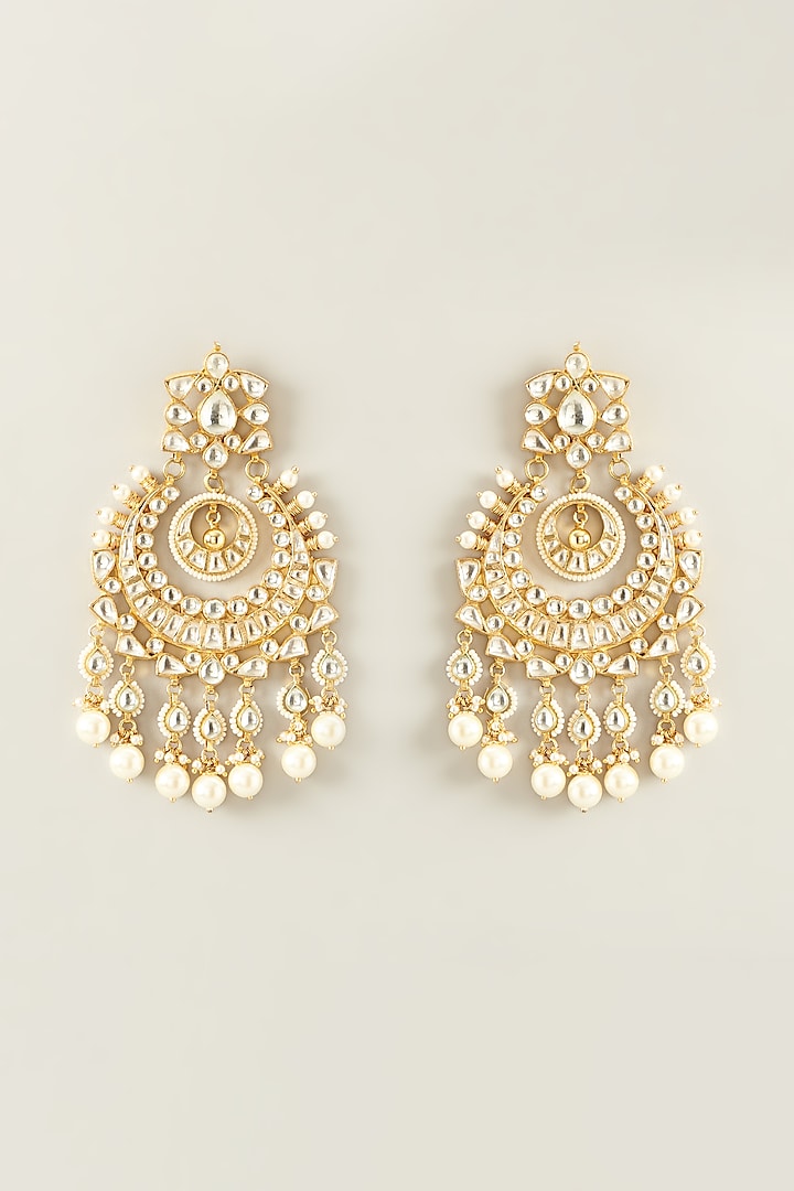 Gold Plated White Kundan Chaandbali Earrings by Preeti Mohan
