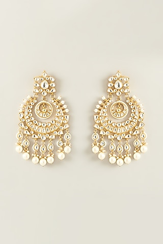 Gold Plated White Kundan Chaandbali Earrings by Preeti Mohan
