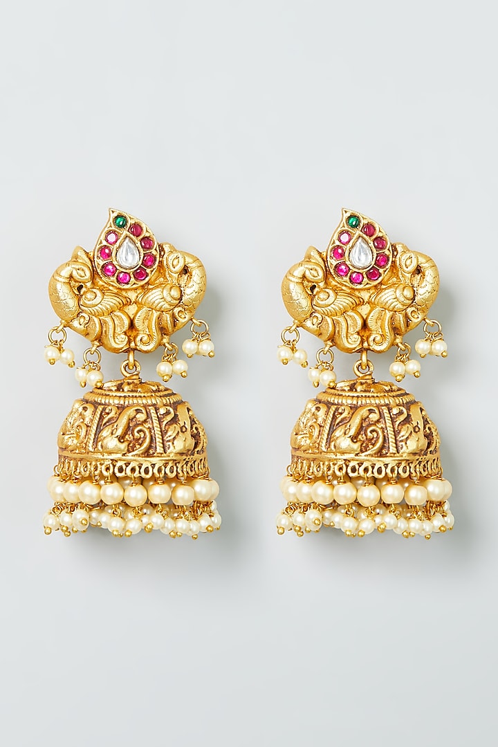 Gold Finish Temple Jhumka Earrings by Preeti Mohan at Pernia's Pop Up Shop