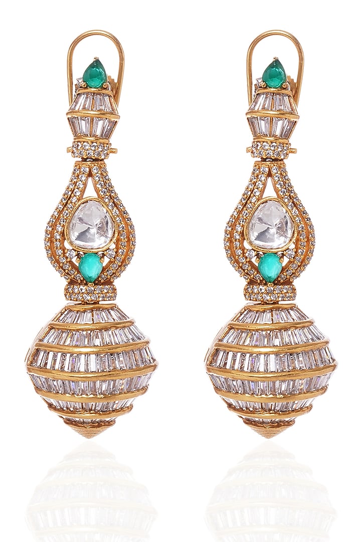 Gold Plated Green Kundan Polki & Zircon Dangler Earrings by Preeti Mohan at Pernia's Pop Up Shop