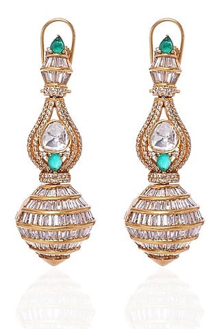 Gold Plated Green Kundan Polki & Zircon Dangler Earrings by Preeti Mohan