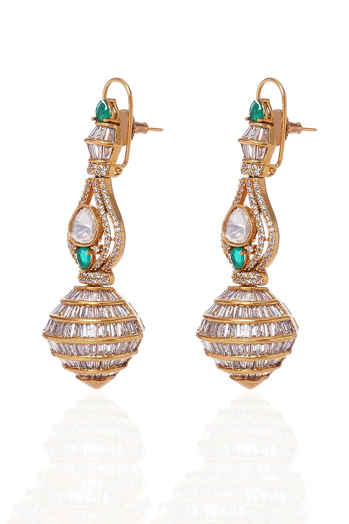 Gold Plated Green Kundan Polki & Zircon Dangler Earrings by Preeti Mohan at Pernia's Pop Up Shop