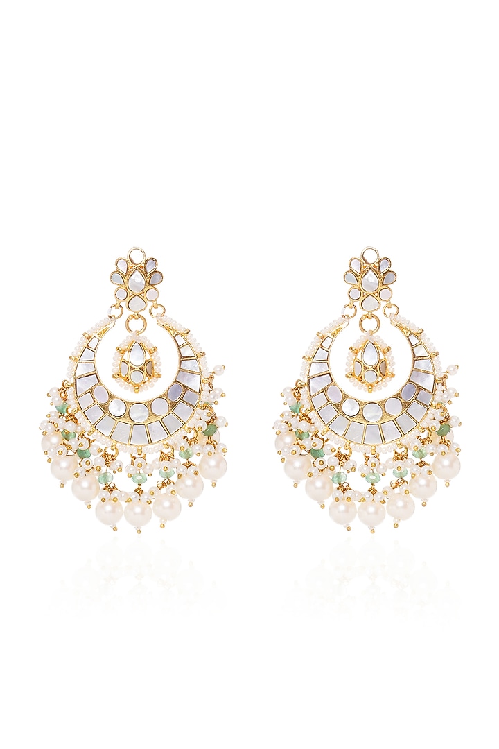 Gold Plated Pearl & Green Onyx Chandbali Earrings by Preeti Mohan at Pernia's Pop Up Shop