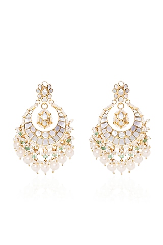 Gold Plated Pearl & Green Onyx Chandbali Earrings by Preeti Mohan